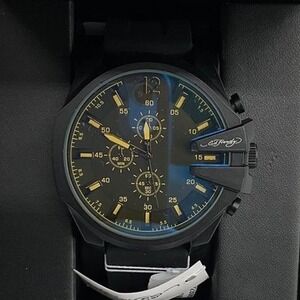 Ed Hardy Mens Chronograph Watch Matte Black Oversized Yellow Dial NIB
